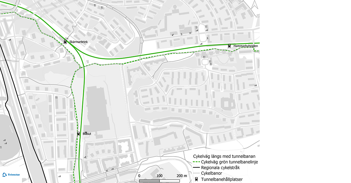 Cykla längs med tunnelbanan - inzoomat 3 stationer