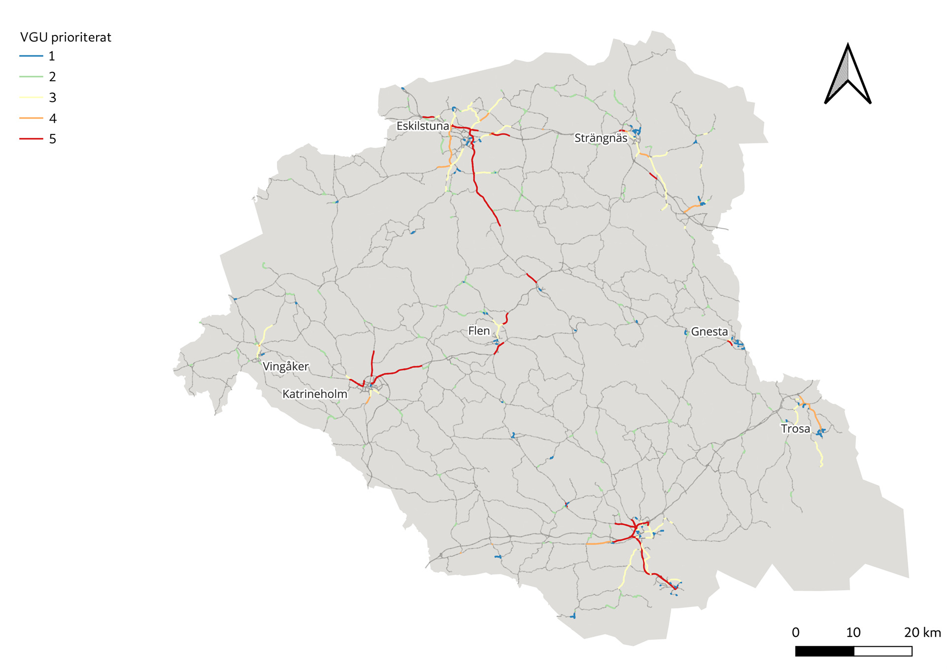 Regional cykelplanering . De 100 mest prioriterade kilometerna på vägnätet i Södermanland