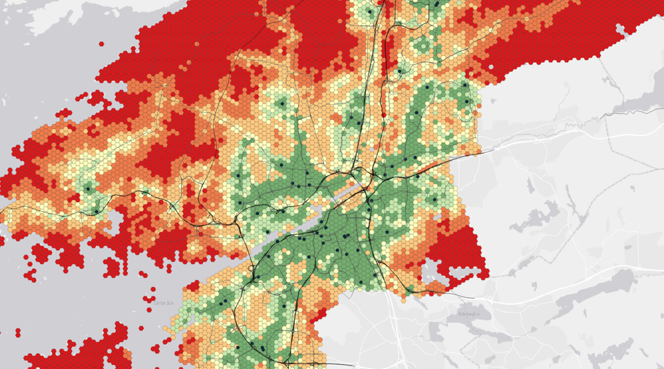 karta med olika färger som visar flöden - tillgänglighetsanalys