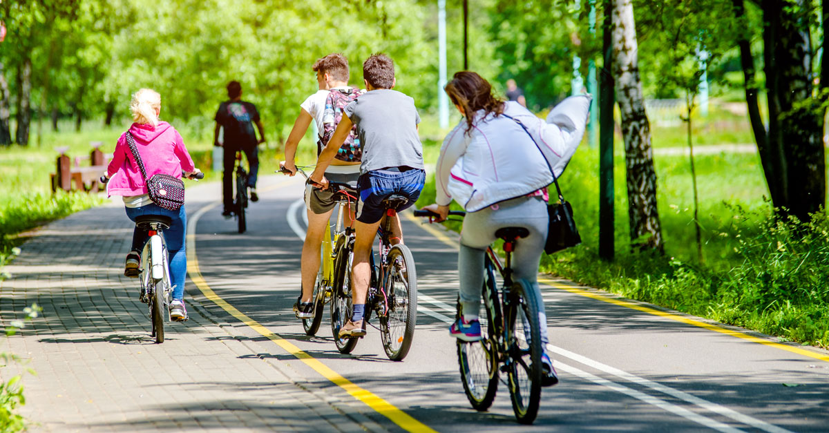 cyklister på cykelbana i somrig miljö.