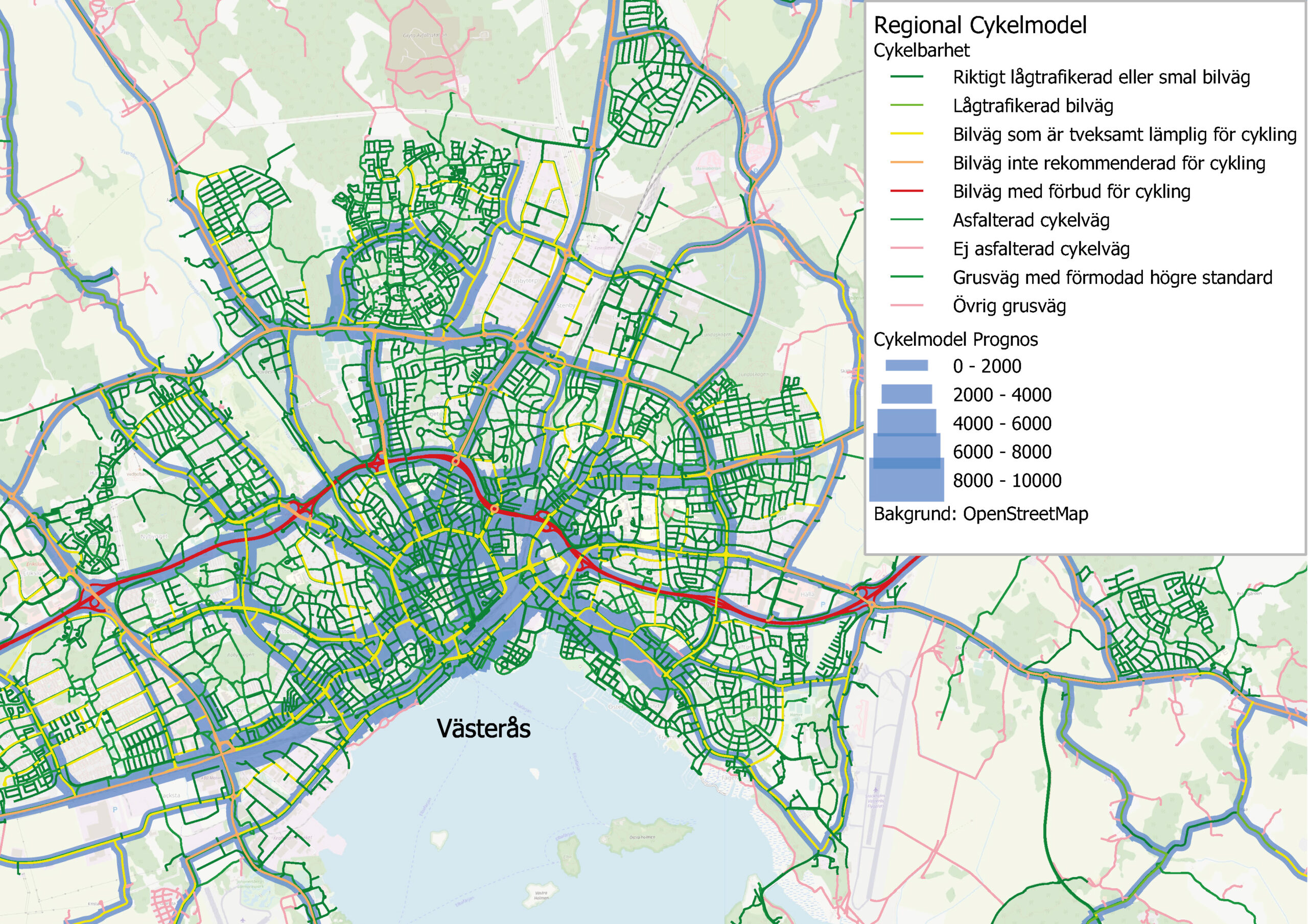 Karta som visar cykelpotential i Västerås