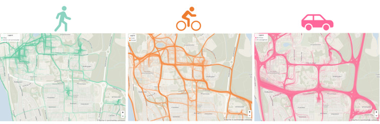 kartor som visar resmönster för fotgängare, cyklist och bilist