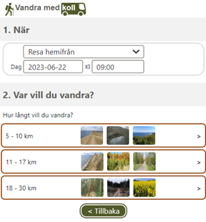 Vandra med koll - skärmvy där du matar in varifrån och när du vill resa samt hur långt du vill vandra.