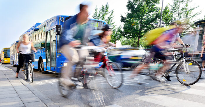 cyklister, buss, stadsmiljö
