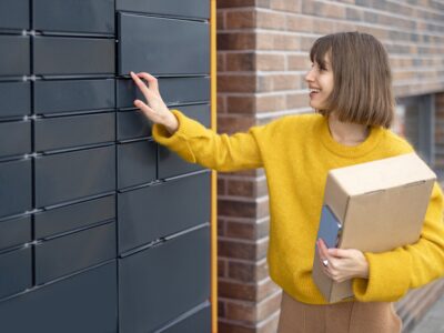 flicka hämtar en paketleverans i en postbox